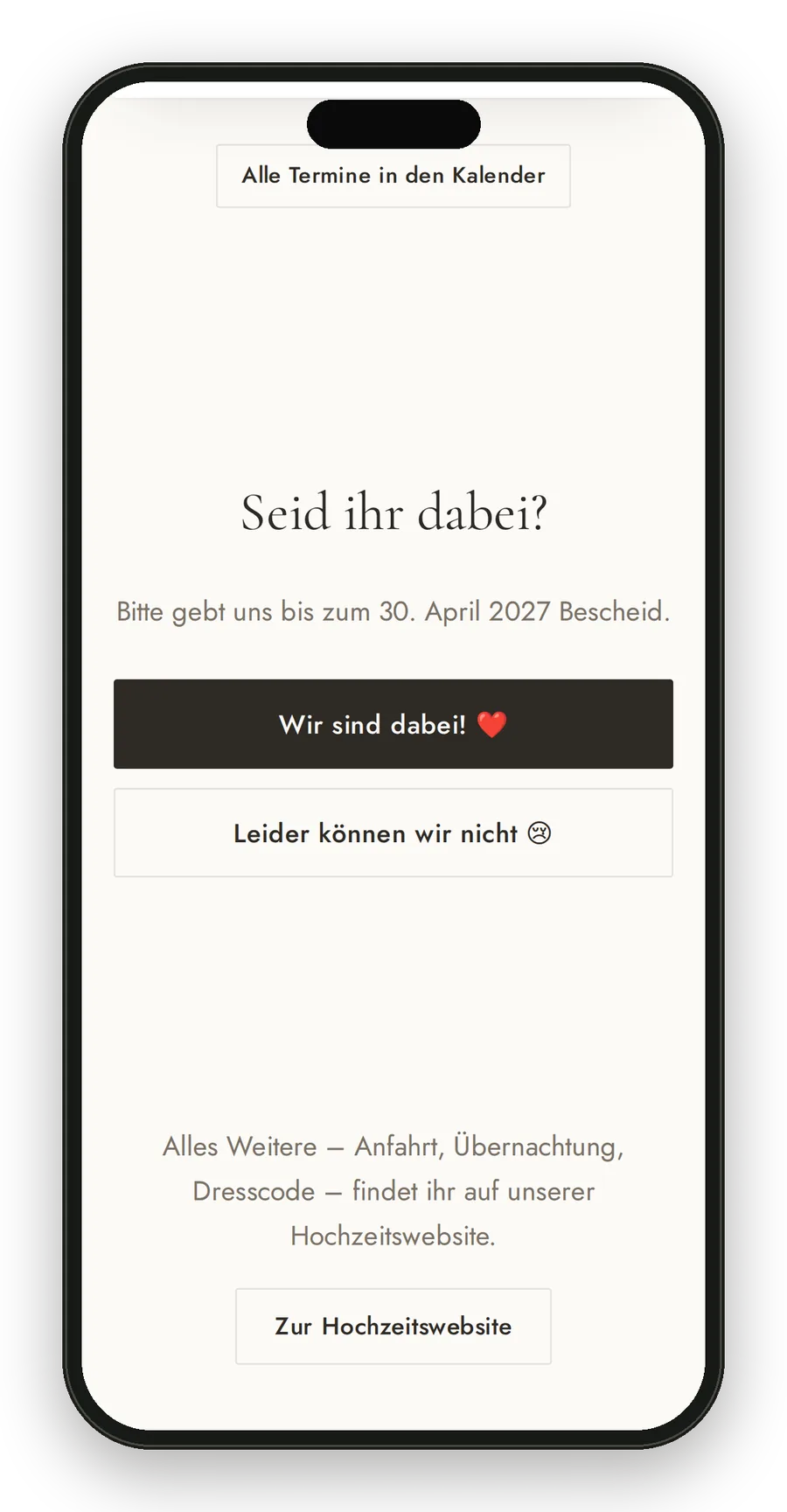 Einladung mit den Buttons „Wir sind dabei“ und „Leider nicht“
