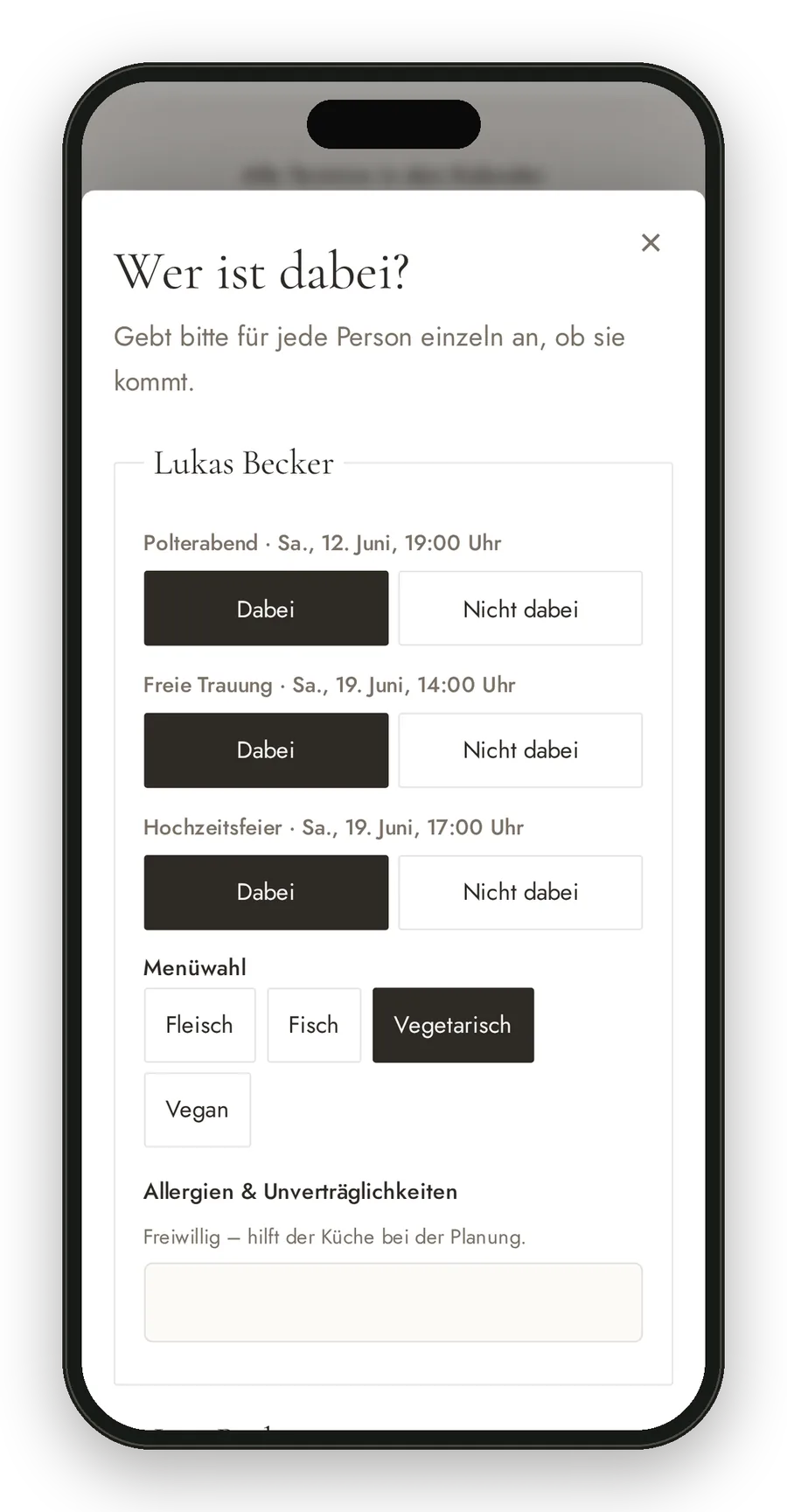 Zusageformular auf dem Handy mit Menüwahl pro Person