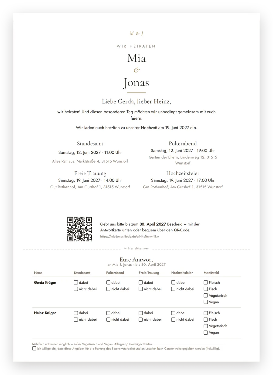 Gedruckte Hochzeitseinladung mit QR-Code und Antwortkarte zum Abtrennen